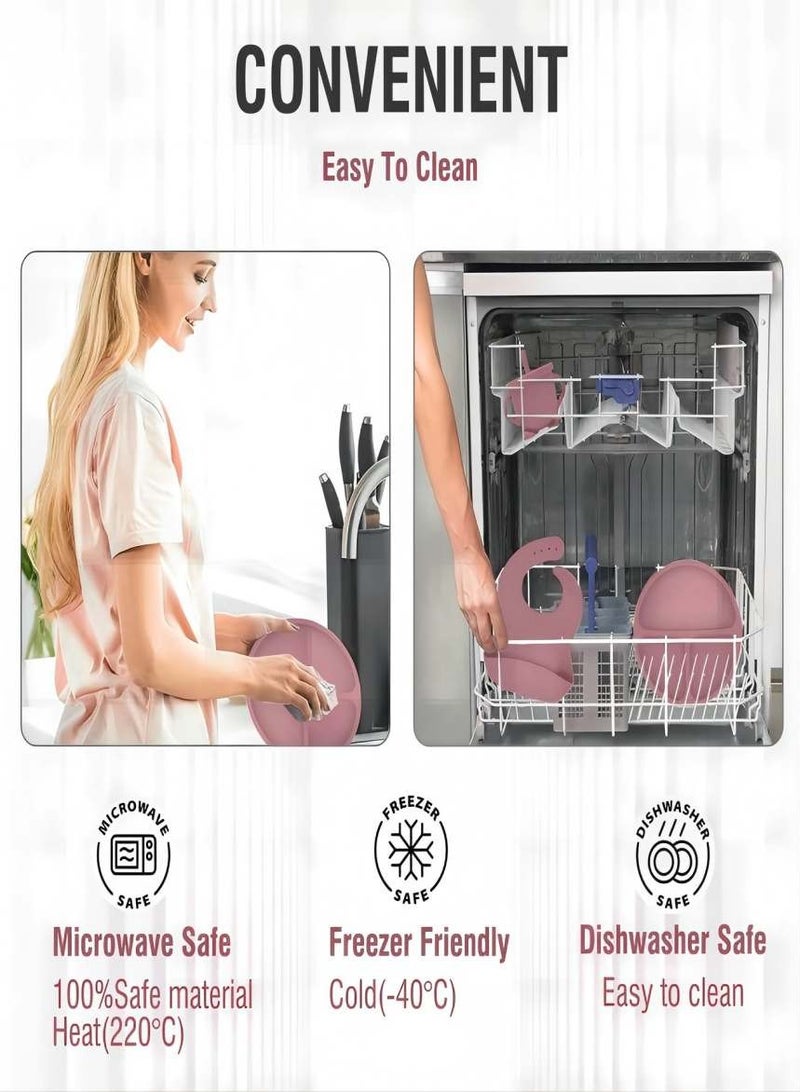 iMissiu Silicone Baby Feeding Set, 5 Piece Baby Led Weaning Supplies, Baby Toddler Bib Cup Divided Plate and Bowl Self Feeding Spoons Dish Set, Baby Eating Utensils, Toddler Feeding Supplies - Image 3