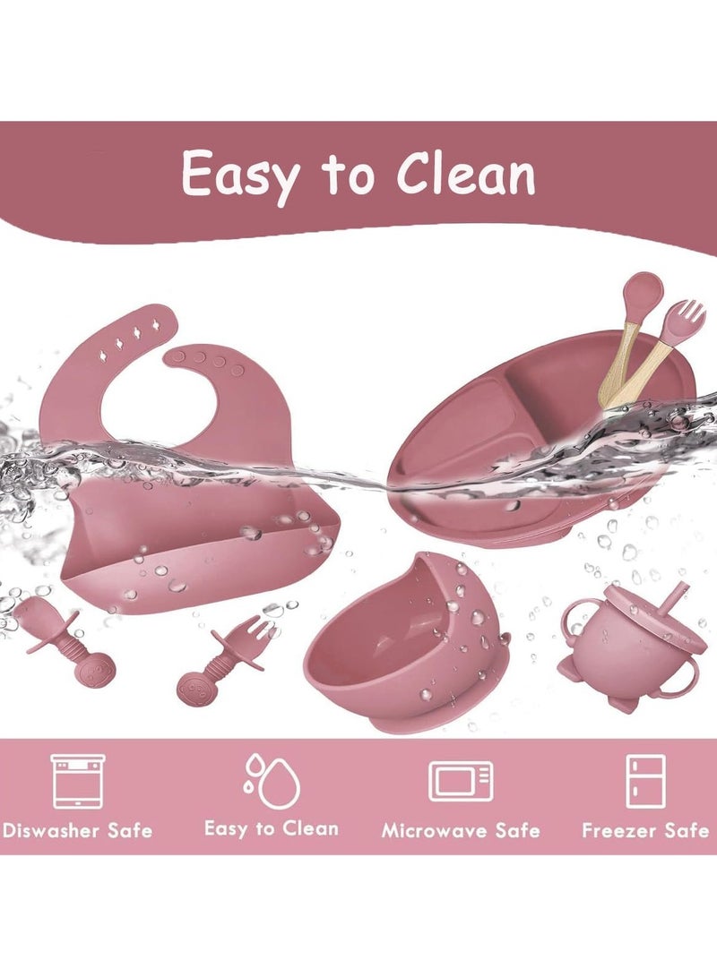 iMissiu Silicone Baby Feeding Set, 5 Piece Baby Led Weaning Supplies, Baby Toddler Bib Cup Divided Plate and Bowl Self Feeding Spoons Dish Set, Baby Eating Utensils, Toddler Feeding Supplies - Image 5
