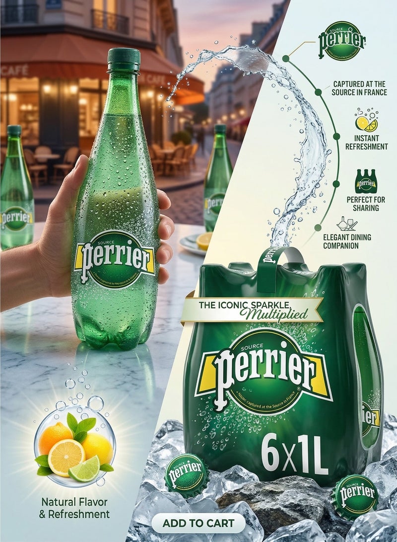 Perrier Natural Sparkling Water 1L Pack of 6 | Premium Carbonated Mineral Water, Refreshing & Zero Calories | PET Bottles UAE - Image 1