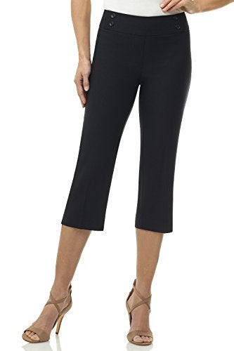 Rekucci Women’s Comfort Stretch Pull-On Capri Pants with Button Detail – Everyday Casual Wear (8, Black) - Image 1
