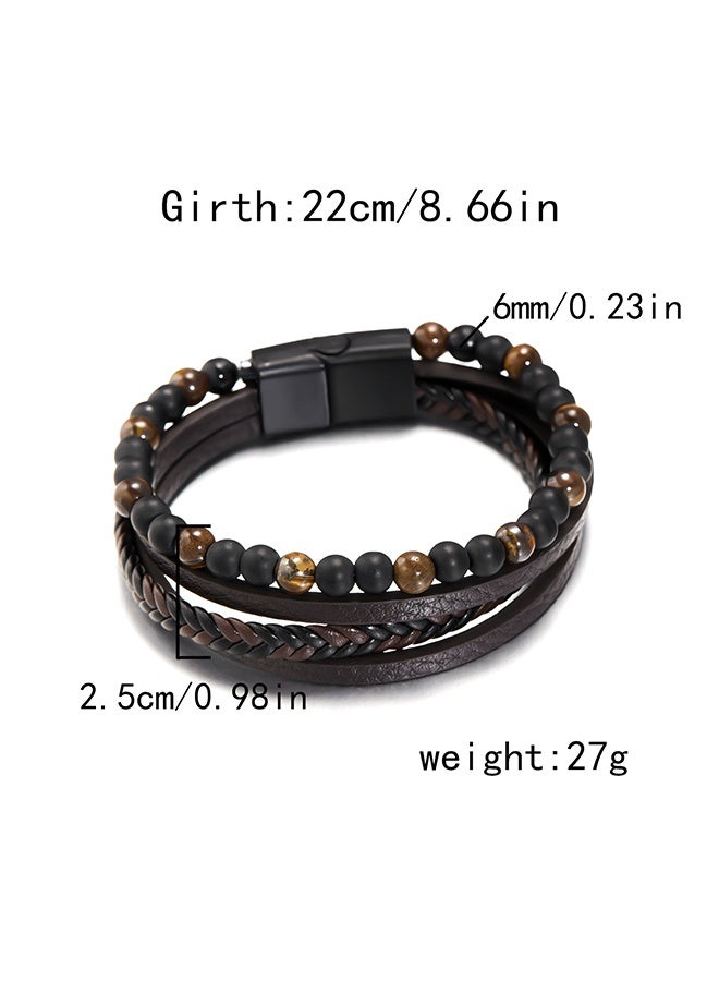 Natural Stone Multi-layered Leather Bracelet, Fashionable and Simple, Easy to Wear, Tiger Eye Stone, Obsidian, Perfect for Men - Image 4