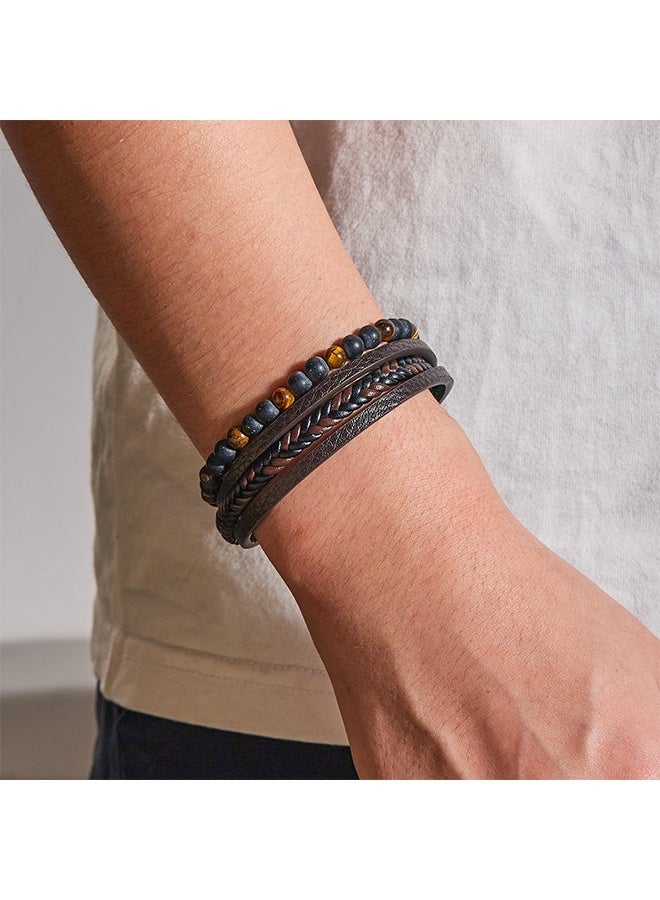 Natural Stone Multi-layered Leather Bracelet, Fashionable and Simple, Easy to Wear, Tiger Eye Stone, Obsidian, Perfect for Men - Image 2