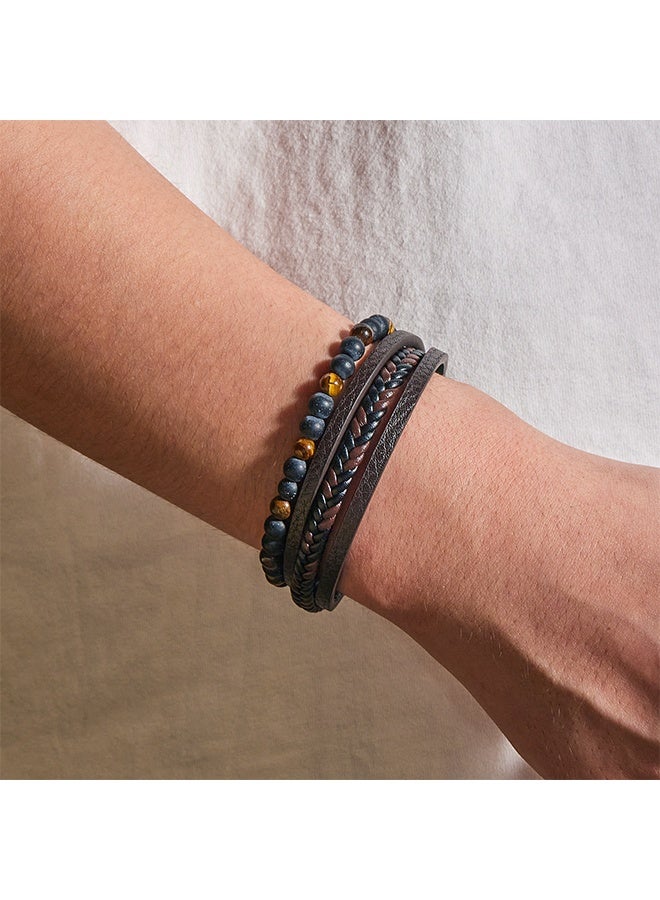 Natural Stone Multi-layered Leather Bracelet, Fashionable and Simple, Easy to Wear, Tiger Eye Stone, Obsidian, Perfect for Men - Image 3