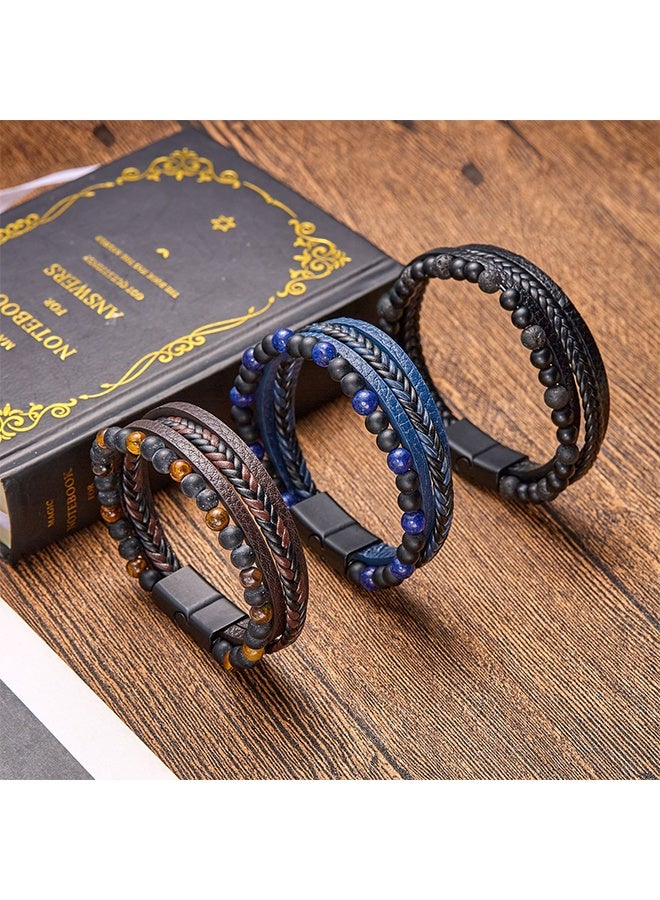 Natural Stone Multi-layered Leather Bracelet, Fashionable and Simple, Easy to Wear, Tiger Eye Stone, Obsidian, Perfect for Men - Image 5