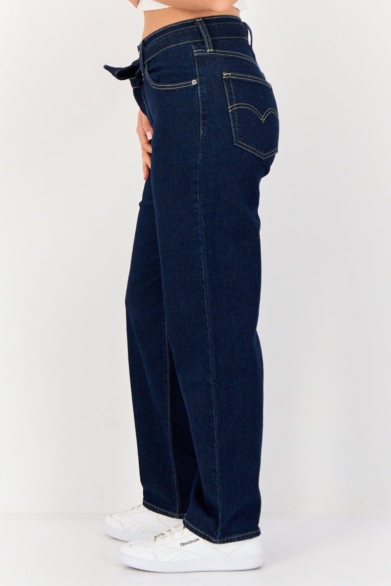 Levi's Women Baggy Fit Mid Waist Solid Stretchable Belted Denim, Dark Blue - Image 2