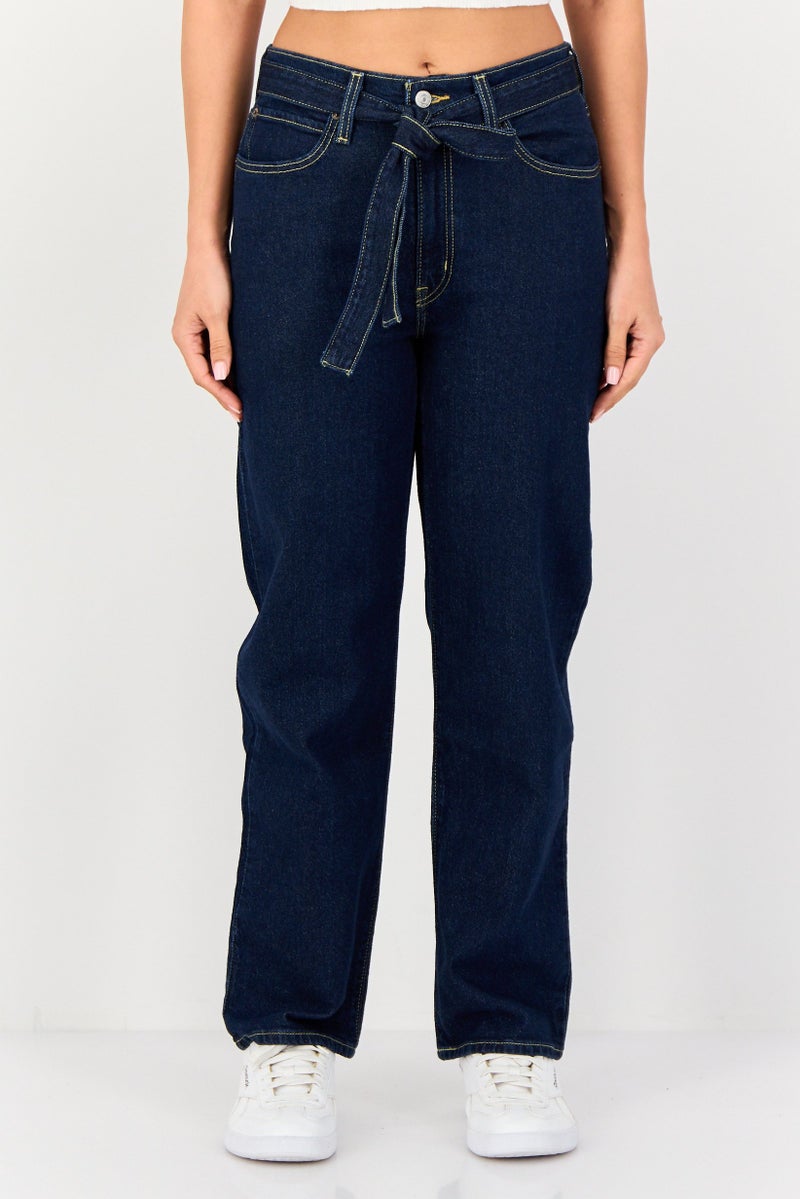 Levi's Women Baggy Fit Mid Waist Solid Stretchable Belted Denim, Dark Blue - Image 1