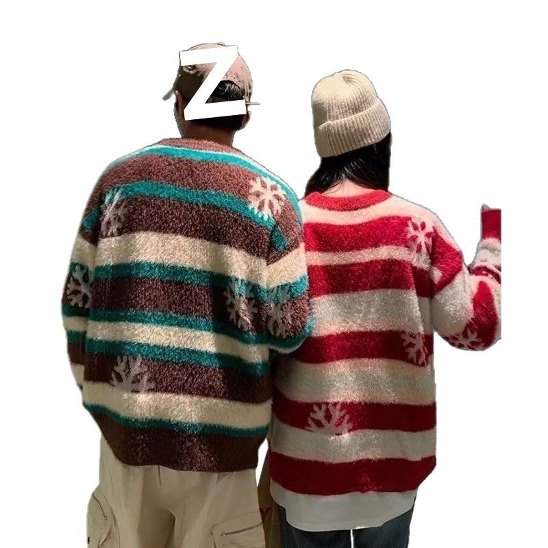 Teenagers Trendy Street Letter Contrast Stripesd Christmas Sweater Winter Regular Long-Sleeved New Loose Round Neck - Image 3
