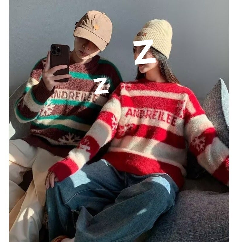 Teenagers Trendy Street Letter Contrast Stripesd Christmas Sweater Winter Regular Long-Sleeved New Loose Round Neck - Image 2