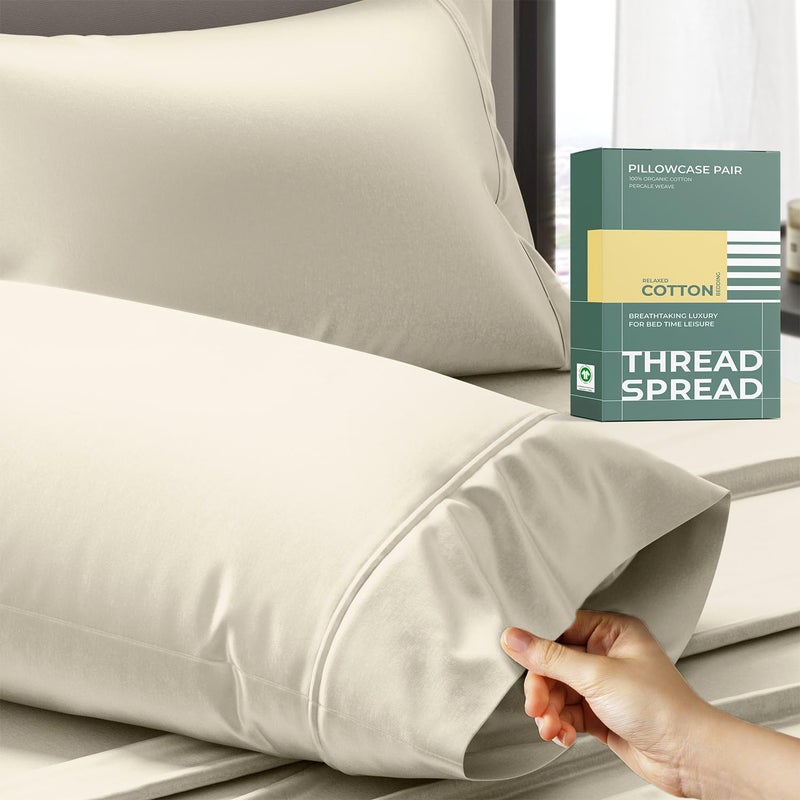Thread Spread 100% Organic Cotton Pillow Cases Set of 2 Queen/Standard Size - Soft, Cooling, Crisp & Breathable Organic Cotton Percale Weave Pillowcase for Queen Pillow (Ivory), GOTS Certified - Image 1