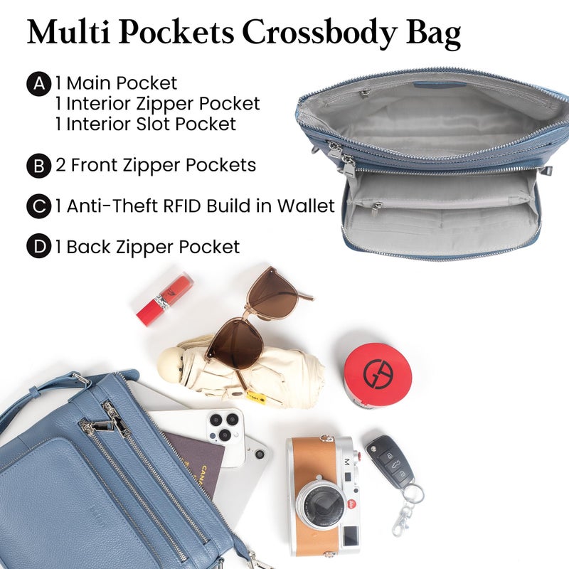 befen Genuine Leather Crossbody Bags for Women, Woman Crossbody Shoulder Purses Travel Purse with Built in RFID Blocking Wallet Blue - Image 4