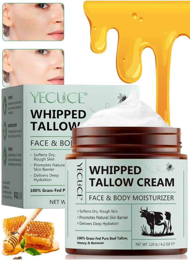 Yecuce 120g Whipped Tallow Cream Face and Body Moisturizer Cream Organic Beef Tallow for Skin Grass Fed Whipped Beef Tallow and Honey Cream Balm Deep Hydrating Nourishing Face and Body Tallow Gel  - Image 1