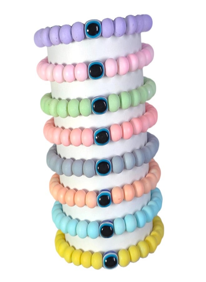 REGLET Pack of 8 - Pastel Glass Bead Bracelet with Evil Eye Bead - Mullticolour - Stretchable Bracelets for Women, Girls Stylish - Adjustable - Bead Size 8mm - Image 1