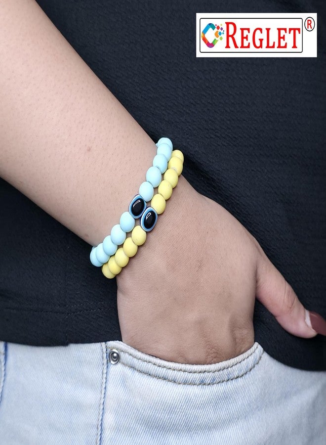 REGLET Pack of 8 - Pastel Glass Bead Bracelet with Evil Eye Bead - Mullticolour - Stretchable Bracelets for Women, Girls Stylish - Adjustable - Bead Size 8mm - Image 5