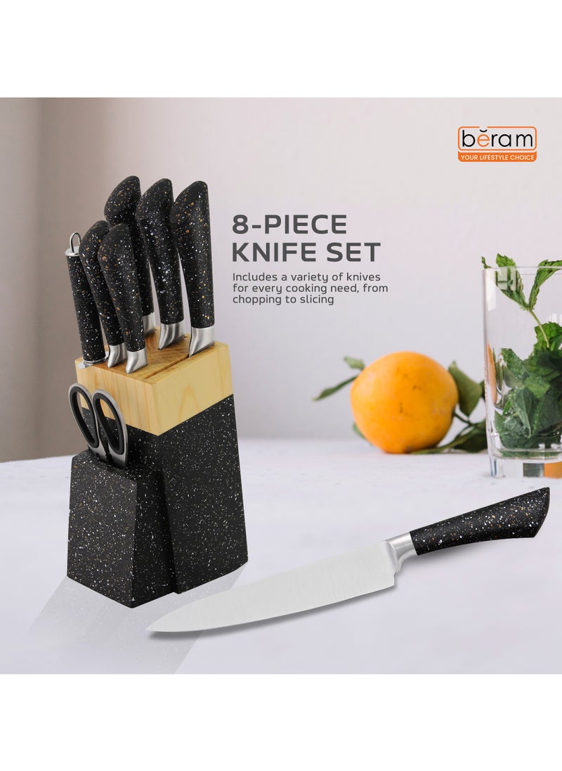 HausRoland - 8 Pieces Knife Set Stainless Steel Blades, Wooden Blocks, Ergonomic Handles, Sleek Storage Rack, Non Stick Kitchen Knives - Image 1