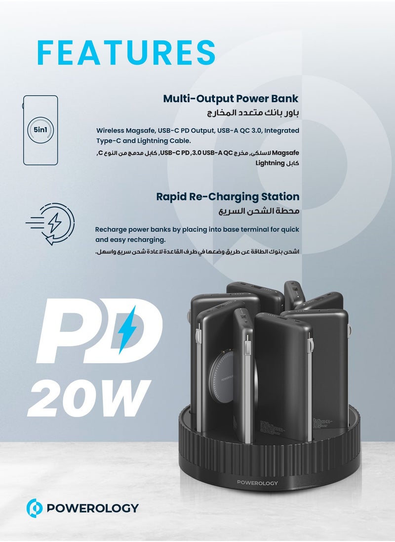Powerology - 8 in 1 Power Bank Charging Station Terminal / 10000mAh Each 10000 mAh / PD 20W QC Wireless MagSafe Power Banks/ Rapid Re-Charging Station/Built-In Safeguards/ Built-In Cable /Base with Type-C and USB-A Output - Black - Image 1