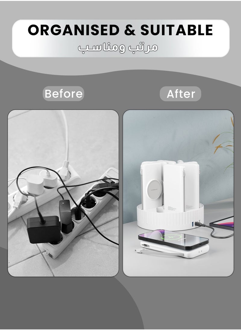 Powerology - 8 in 1 Power Bank Charging Station Terminal / 10000mAh Each 10000 mAh / PD 20W QC Wireless MagSafe Power Banks/ Rapid Re-Charging Station/Built-In Safeguards/ Built-In Cable /Base with Type-C and USB-A Output - Black - Image 1