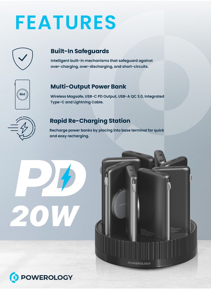 8 in 1 Portable Power Station with 10000mAh Capacity/ 20W Power Delivery/ Quick Charge/ Wireless Charging Compatibility/ Type C & Lightning Head Built-in Cables/ All in One Powerbank Terminal - Black