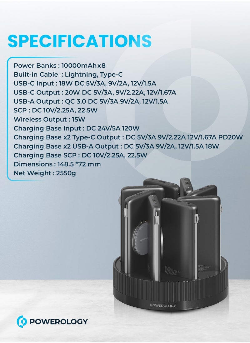 Powerology - 8 in 1 Power Bank Charging Station Terminal / 10000mAh Each 10000 mAh / PD 20W QC Wireless MagSafe Power Banks/ Rapid Re-Charging Station/Built-In Safeguards/ Built-In Cable /Base with Type-C and USB-A Output - Black - Image 1