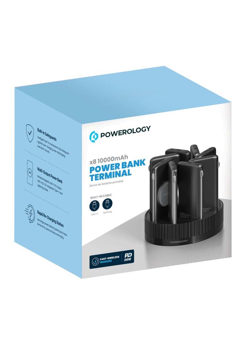 Powerology - 8 in 1 Power Bank Charging Station Terminal / 10000mAh Each 10000 mAh / PD 20W QC Wireless MagSafe Power Banks/ Rapid Re-Charging Station/Built-In Safeguards/ Built-In Cable /Base with Type-C and USB-A Output - Black - Image 1
