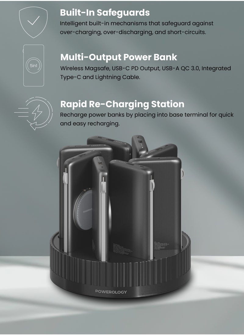 Powerology - 8 in 1 Power Bank Charging Station Terminal / 10000mAh Each 10000 mAh / PD 20W QC Wireless MagSafe Power Banks/ Rapid Re-Charging Station/Built-In Safeguards/ Built-In Cable /Base with Type-C and USB-A Output - Black - Image 1