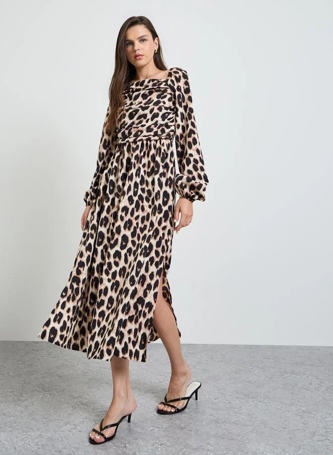 تايك تو Multi-Color Leopard Print Side Slit Ruched Details Midi Dress