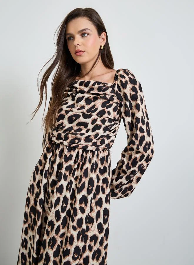 تايك تو Multi-Color Leopard Print Side Slit Ruched Details Midi Dress