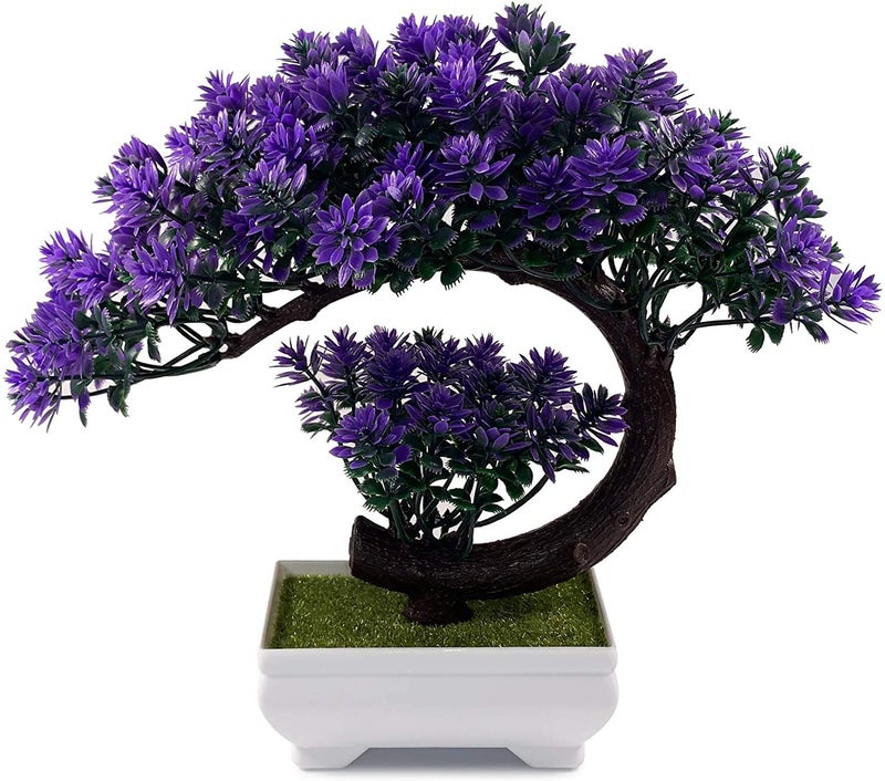 Dekorly Small Artificial Bonsai Tree Fake Plant Potted House Plants Japanese Pine Bonsai Plant Faux Bonsai for Home Indoor Decoration Office (Purple) - Image 1