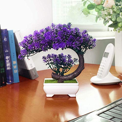 Dekorly Small Artificial Bonsai Tree Fake Plant Potted House Plants Japanese Pine Bonsai Plant Faux Bonsai for Home Indoor Decoration Office (Purple) - Image 3