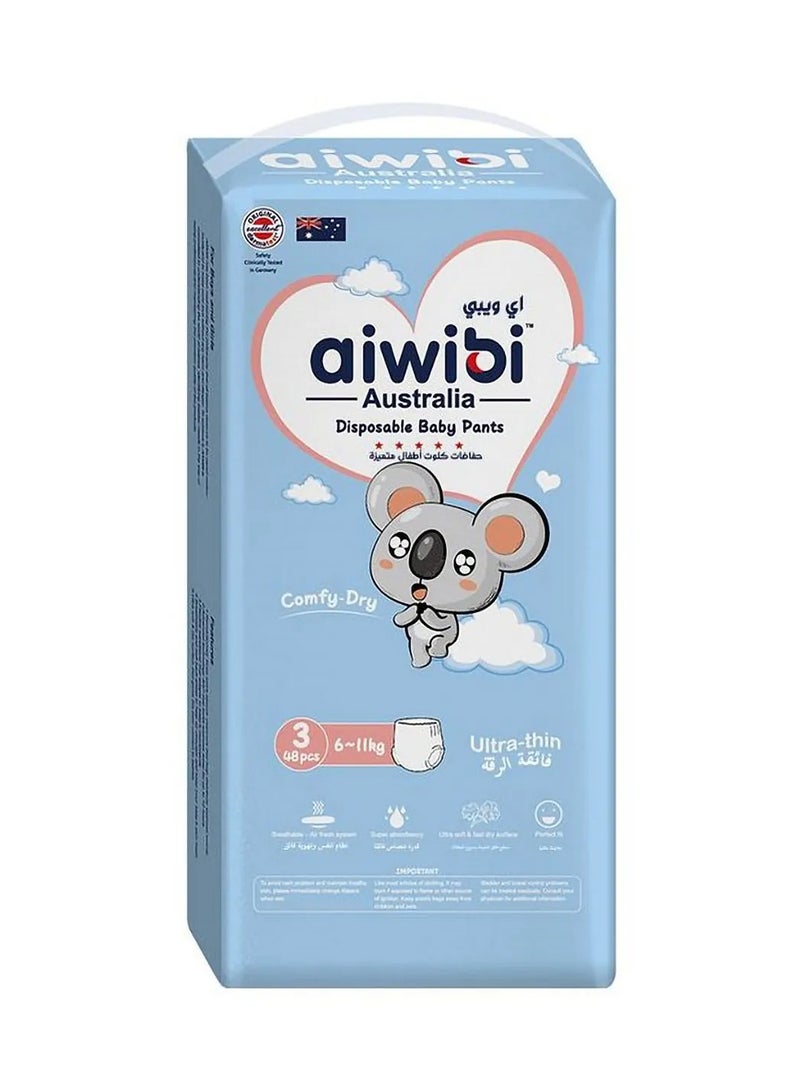 aiwibi حفاضات أطفال من نوع بنطلون قابلة للاستخدام مرة واحدة من Aiwibi، قابلة للتنفس، فائقة النعومة، امتصاص سريع، جافة ومريحة، الحجم 3 متوسط، 6 إلى 11 كجم - 48 قطعة