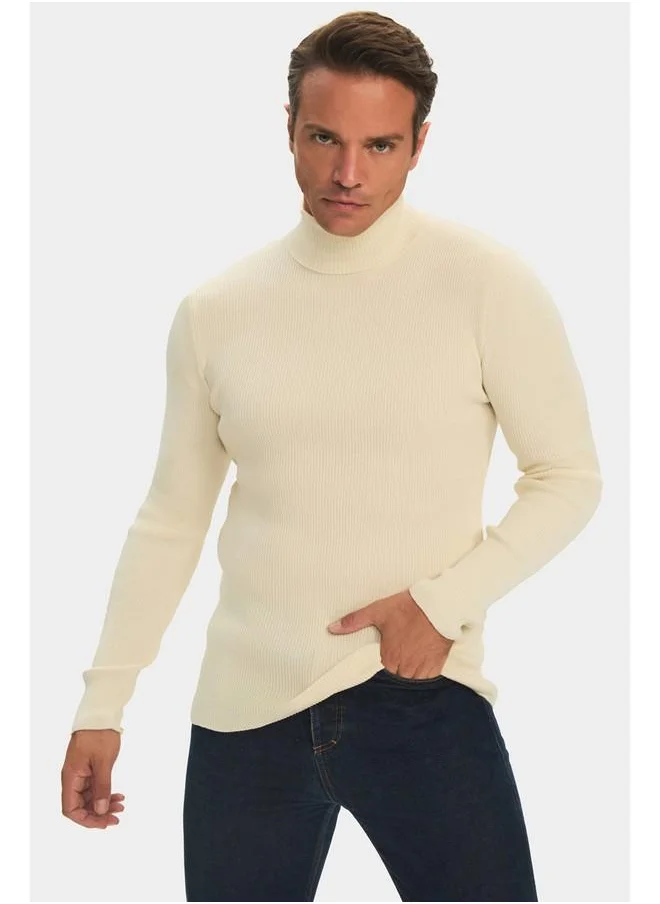 JUNE June Men Slim Fit Turtleneck Ribbed Knit Sweater Ecru