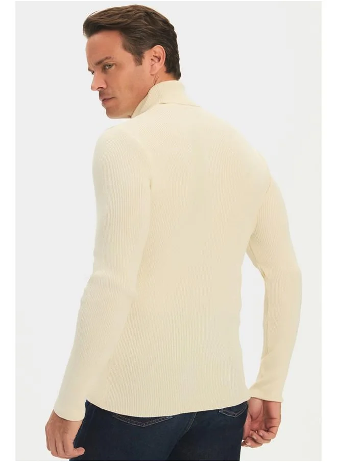 JUNE June Men Slim Fit Turtleneck Ribbed Knit Sweater Ecru