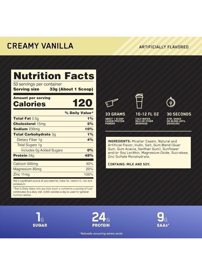 أوبتيموم نيوتريشن مسحوق بروتين الكازين ميسيلار 100% من جولد ستاندرد، 24 جرامًا من البروتين، هضم بطيء، يساعد على الحفاظ على انتعاش العضلات طوال الليل - الفانيليا الكريمية، 3.86 رطل، 53 حصة (1.75 كجم) - Image 3
