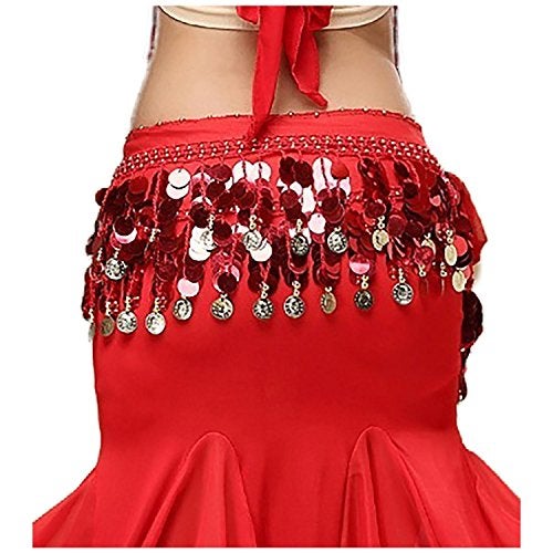 VRITRAZ Women's Chiffon Belly Dance Hip Scarf Waistband Belt Skirt Red and Golden Color Beads Red-56 - Image 4
