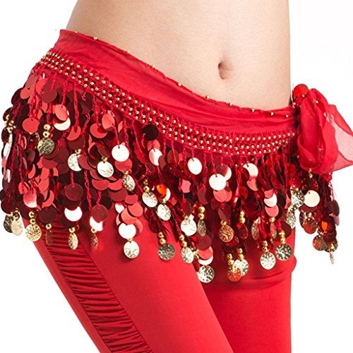 VRITRAZ Women's Chiffon Belly Dance Hip Scarf Waistband Belt Skirt Red and Golden Color Beads Red-56 - Image 3