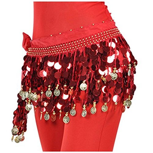 VRITRAZ Women's Chiffon Belly Dance Hip Scarf Waistband Belt Skirt Red and Golden Color Beads Red-56 - Image 2