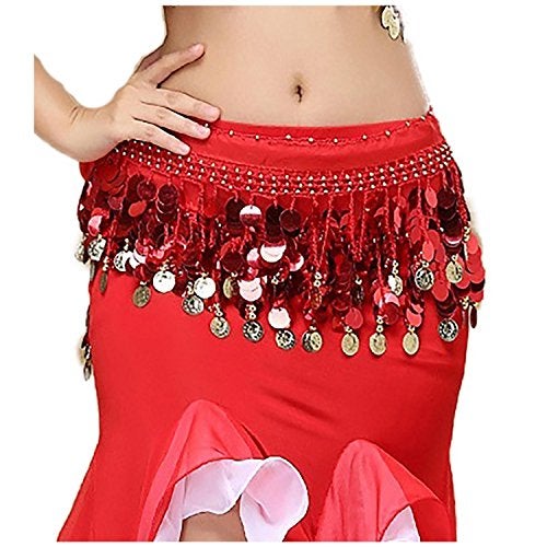 VRITRAZ Women's Chiffon Belly Dance Hip Scarf Waistband Belt Skirt Red and Golden Color Beads Red-56 - Image 5