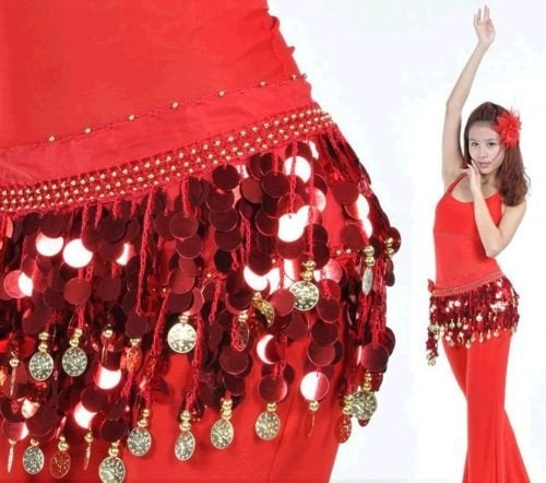 VRITRAZ Women's Chiffon Belly Dance Hip Scarf Waistband Belt Skirt Red and Golden Color Beads Red-56 - Image 1