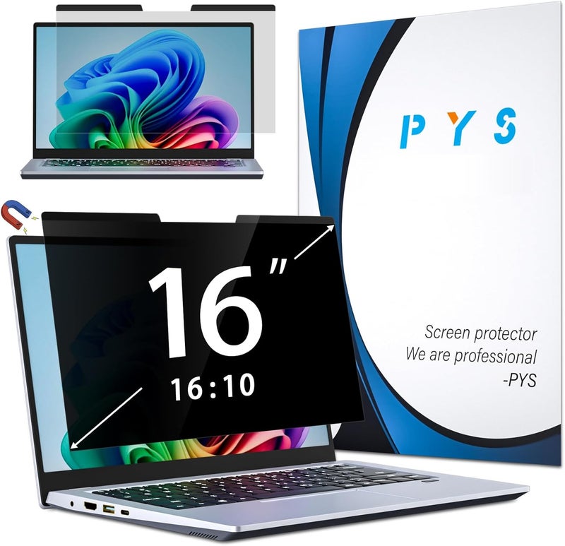 pys Magnetic Laptop Privacy Screen 16 Inch 16:10 Ratio - Computer Monitor Screen Privacy Shield, Anti-Glare Blue Light Filter, Detachable Privacy Screen Protector for Lenovo, Hp Envy, Dell - Image 1