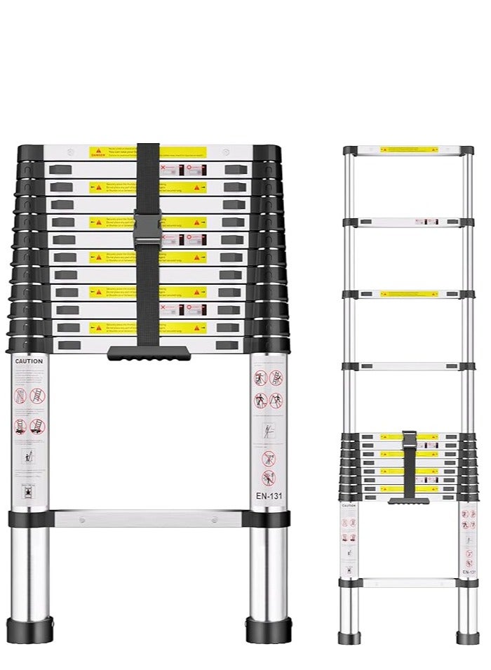 سلم تلسكوبي، سلم عالي القوة من الفولاذ المقاوم للصدأ بسمك 3.8 متر، سلم علوي بأقدام غير قابلة للانزلاق، سلالم محمولة قابلة للتمديد، سلم قابل للطي بارتفاع قابل للتعديل للسقف والعليّة والكرافانات - Image 1