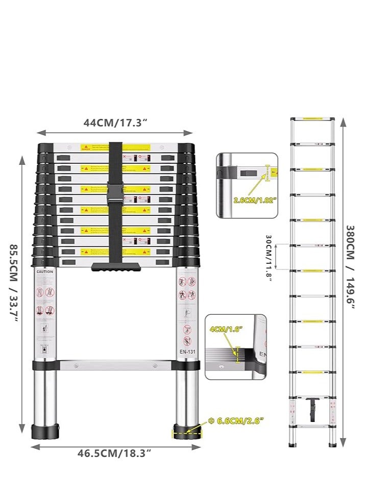 سلم تلسكوبي، سلم عالي القوة من الفولاذ المقاوم للصدأ بسمك 3.8 متر، سلم علوي بأقدام غير قابلة للانزلاق، سلالم محمولة قابلة للتمديد، سلم قابل للطي بارتفاع قابل للتعديل للسقف والعليّة والكرافانات - Image 3