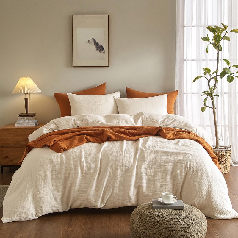 SE SOFTEXLY Muslin Duvet Cover King Size, 100% Washed Cotton Duvet Cover Set, Ultra Soft Comforter Cover Linen Like, 3 Pieces Minimalist Gauze Duvet Cover with 2 Pillowcases, 90"x104", Off-White - Image 2