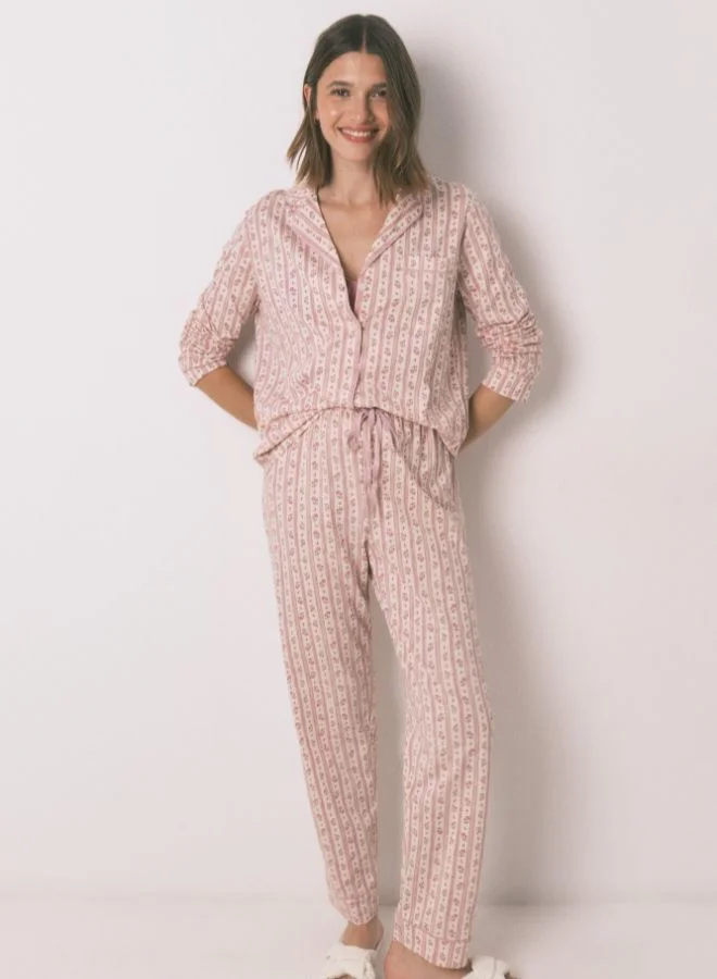 women'secret Long 100% Cotton Classic Pyjamas With Pink Flowers