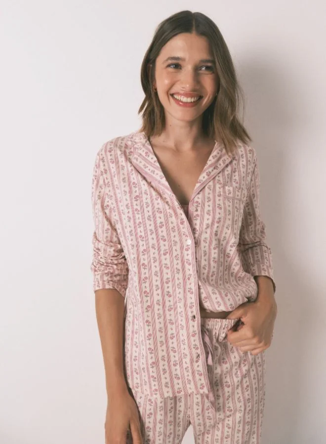 women'secret Long 100% Cotton Classic Pyjamas With Pink Flowers