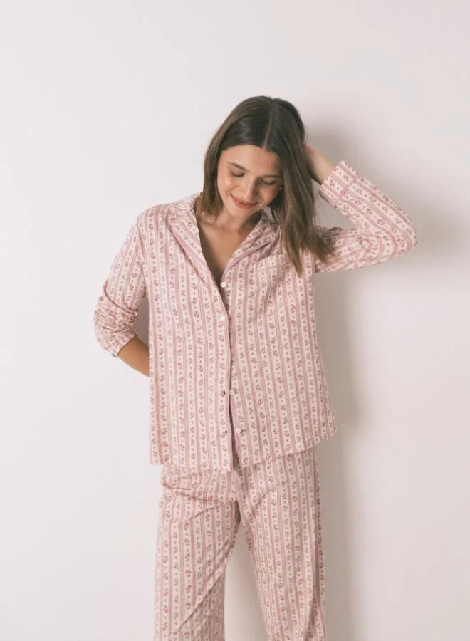 women'secret Long 100% Cotton Classic Pyjamas With Pink Flowers