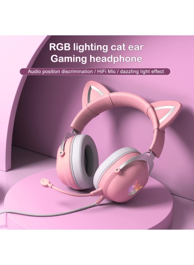 أونيكوما سماعات رأس محيطية مع قابس 3.5 مم وUSB C، متوافقة مع أجهزة الكمبيوتر والهواتف المحمولة والكمبيوتر اللوحي، PS5 PS4 Xbox One (المحول غير متضمن) سماعة رأس للألعاب مع آذان قطة قابلة للفصل، RGB، ميكروفون قابل للإزالة - Image 3