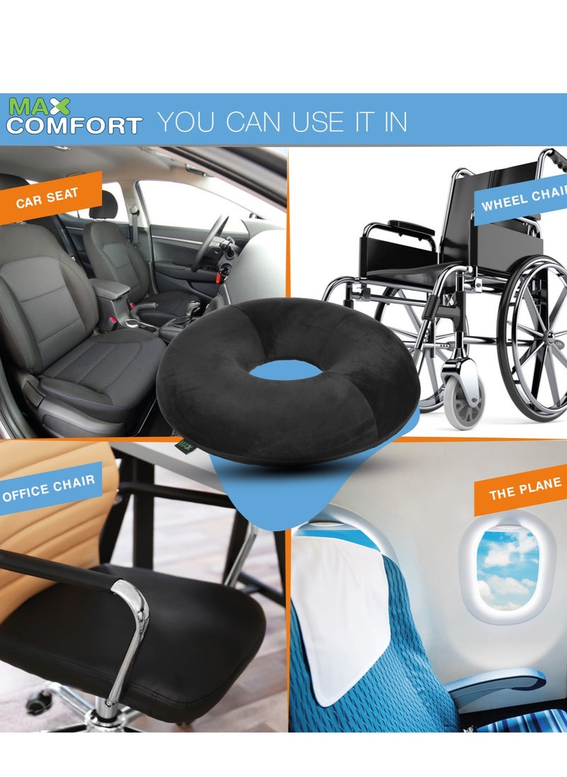 Hemorrhoid seat cushion - American memory foam for hemorrhoids and lower back pain in a circular shape, suitable for office, home and car chairs from Max Comfort, black