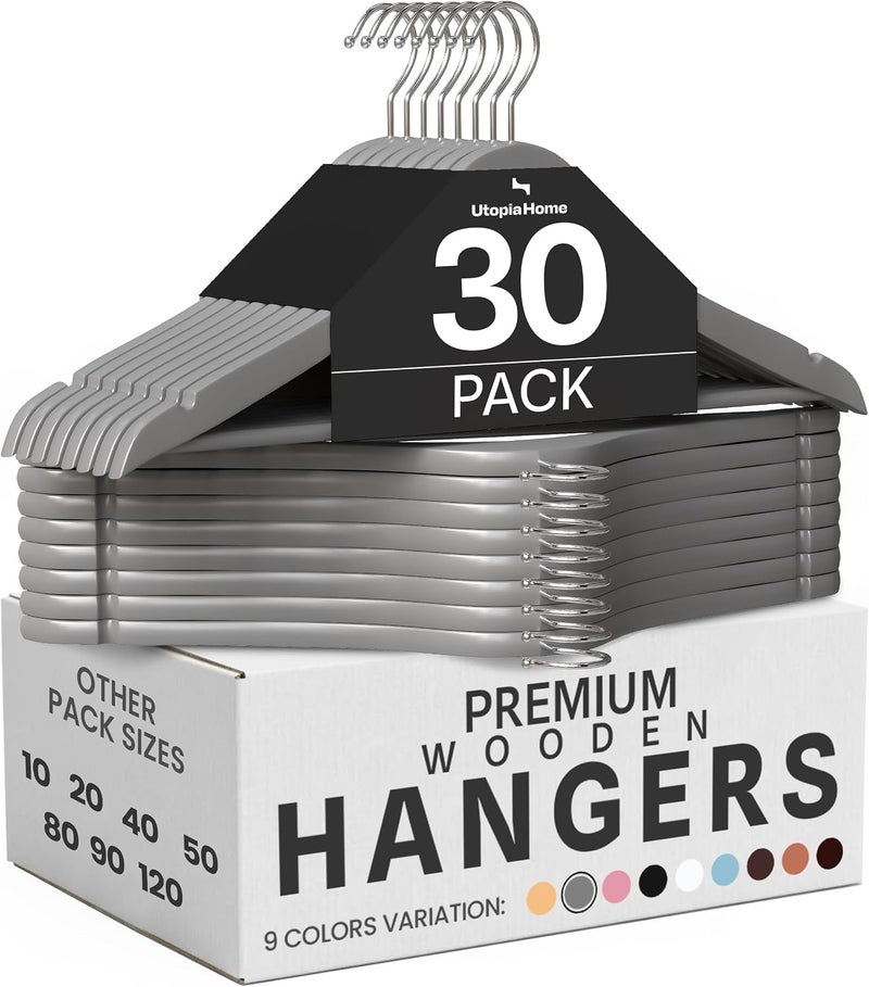 Utopia Home Premium Wooden Hangers 30 Pack - Durable & Slim Coat Hanger - Suit Hangers with 360-Degree Rotatable Hook - Wood Hangers with Shoulder Grooves (Grey Color) - Image 1