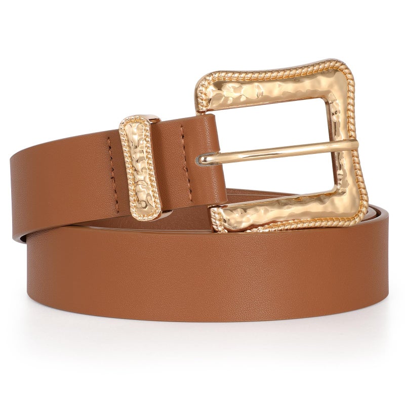 JASGOOD Plus Size Women's Leather Belt for Jeans Pants, Fashion Ladies Waist Belt with Gold Buckle (Brown, Fit waist size 23''-29'') - Image 1