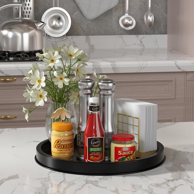HGF Decorative Tray for Coffee Table, 12 Inch Metal Iron Round Serving Trays for Kitchen Counter Organizer Dining Table Centerpiece for Display Candle Vase, Black Round Tray for Bathroom Decor - Image 4