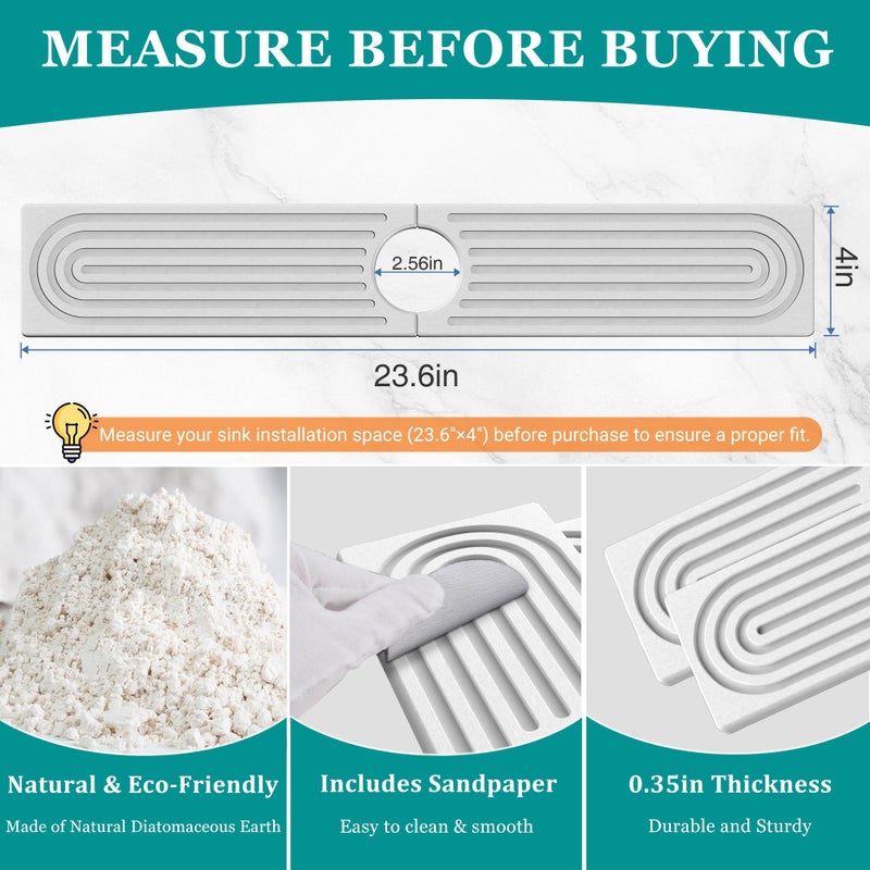 MAGKOTA Stone Faucet Mat for Kitchen Sink - Quick Dry Diatomite Sink Splash Guard, Prevents Moisture Buildup & Water Stains, Water Absorbing Stone Tray for Bathroom Countertop (White, 23.6" x 4") - Image 3